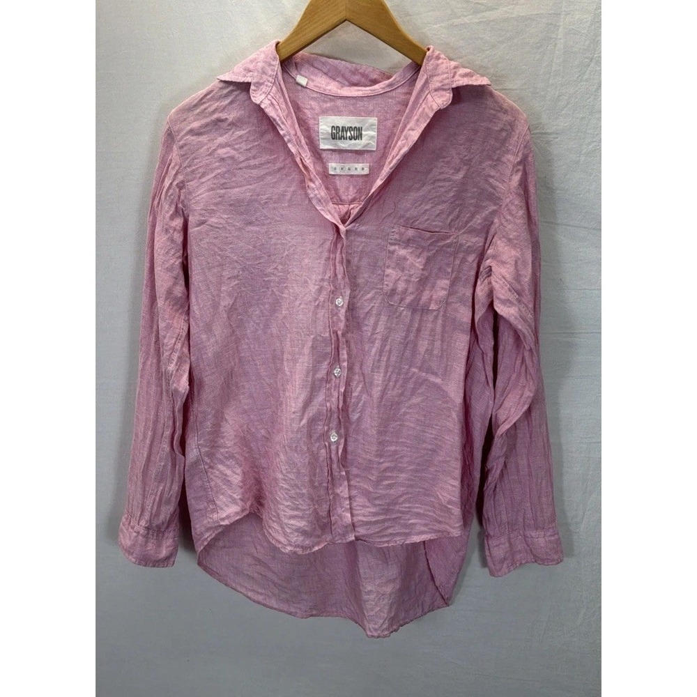 Grayson The Hero 100% Linen Button Down Shirt Pink Womens Size 02 M Beach Casual